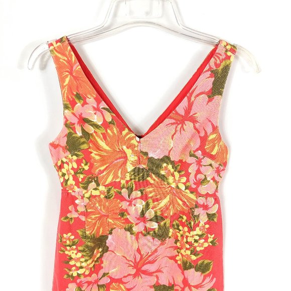 Tracy Feith Hawaiian Hibicus Orange Floral Boho V-neck Shift Dress - Picture 4 of 12